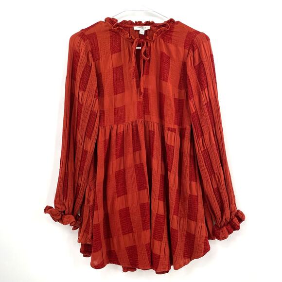 Umgee USA Women's Babydoll Blouse, Brick & Rust Colors, Patchwork, Sz. S - Picture 1 of 10